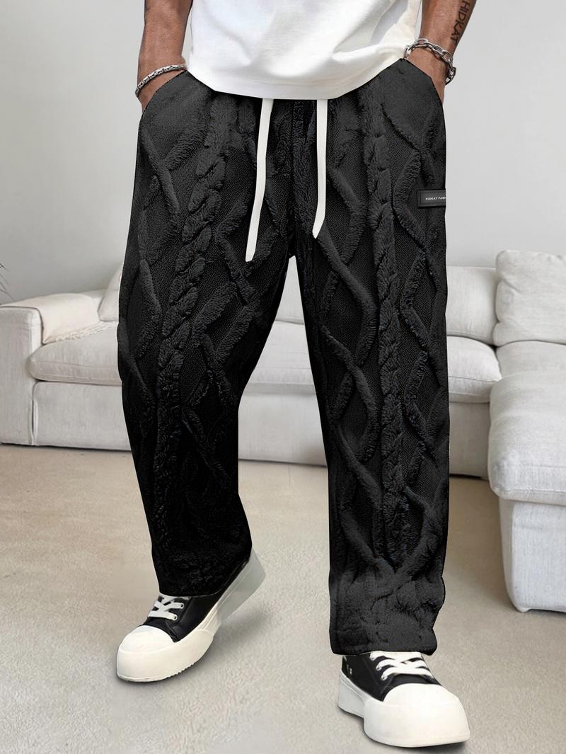 Men's Heavyweight Winter Trousers - Thickened Durable Non-Stretch, Elastic Drawstring Waist + Geometric Pattern, Cold-Weather Everyday/Outdoor Pants