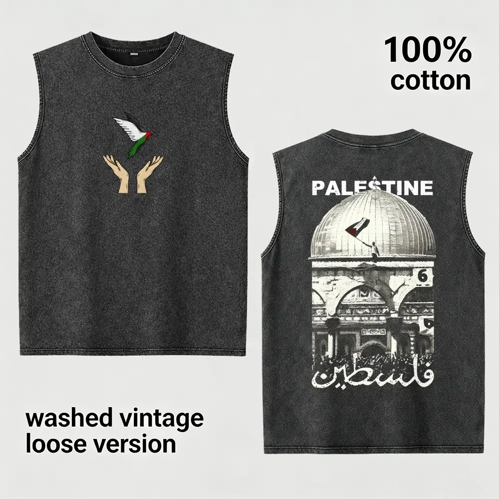 Palestine Washed Vintage Sleeveless T Shirt 100% Cotton Loose Top Men Clothing Gift For Dad Husband Boyfriend Family Father Day TikTok Trend