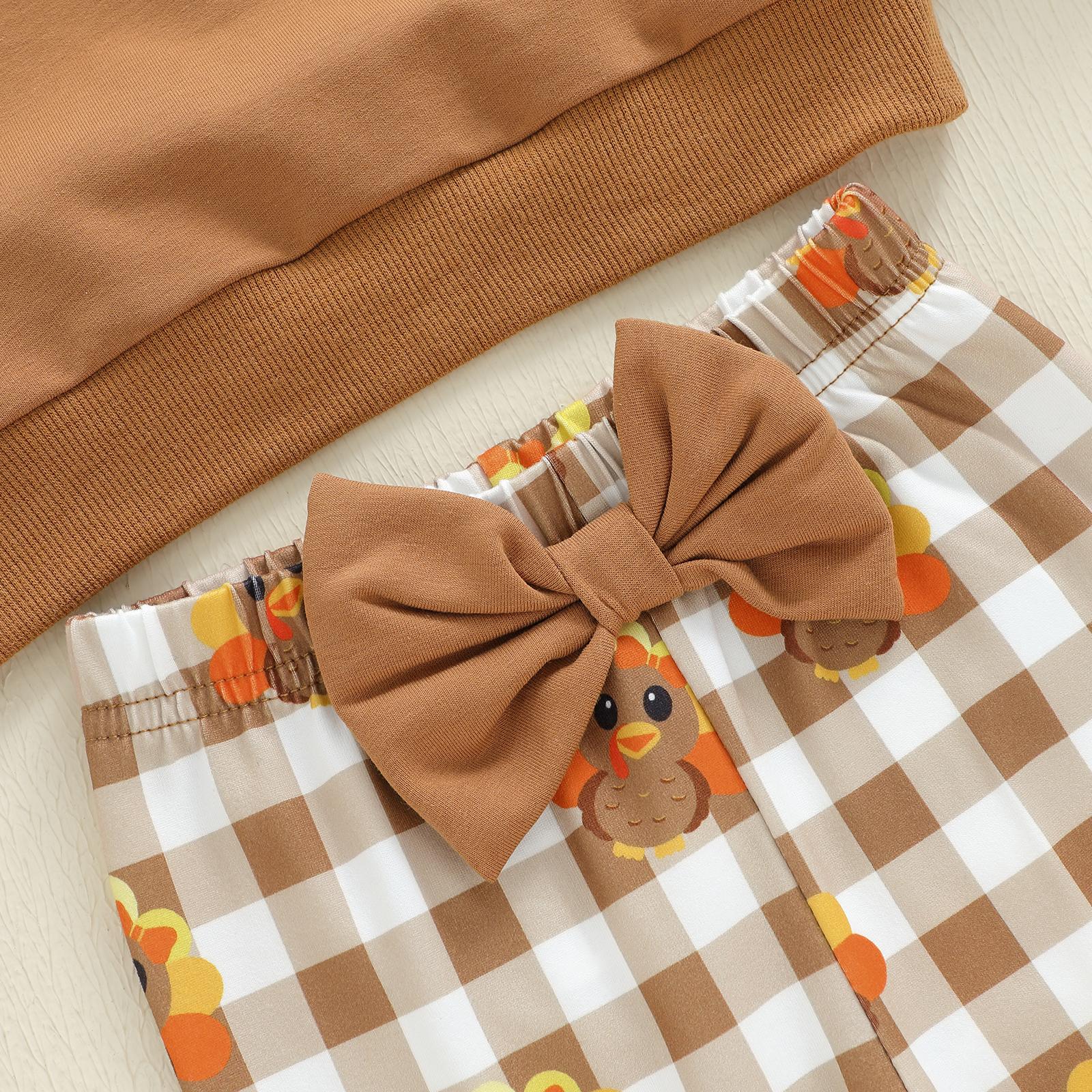 Kids Infant Toddler Little Girl Thanksgiving Outfit Little Turkey Letter Long Sleeve Sweatshirt and Plaid Turkey Flare Pants 2 Piece Set