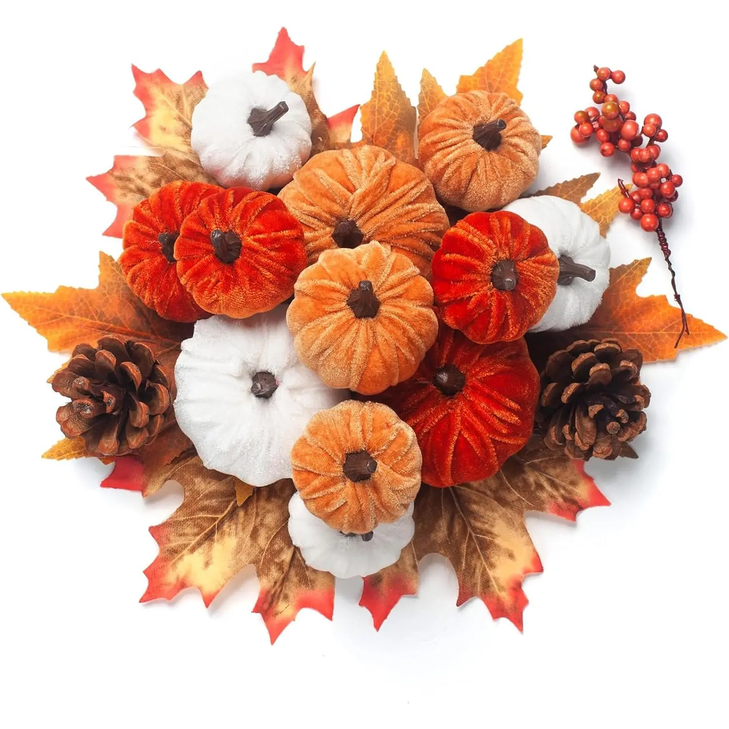 21 PCS Fall Artificial Velvet Pumpkins Set Fake Fabric Pumpkin Faux Foam Pumpkins Orange Khaki White Pumpkin Decorations for Fall Harvest Thanksgiving Farmhouse Table Centerpiece