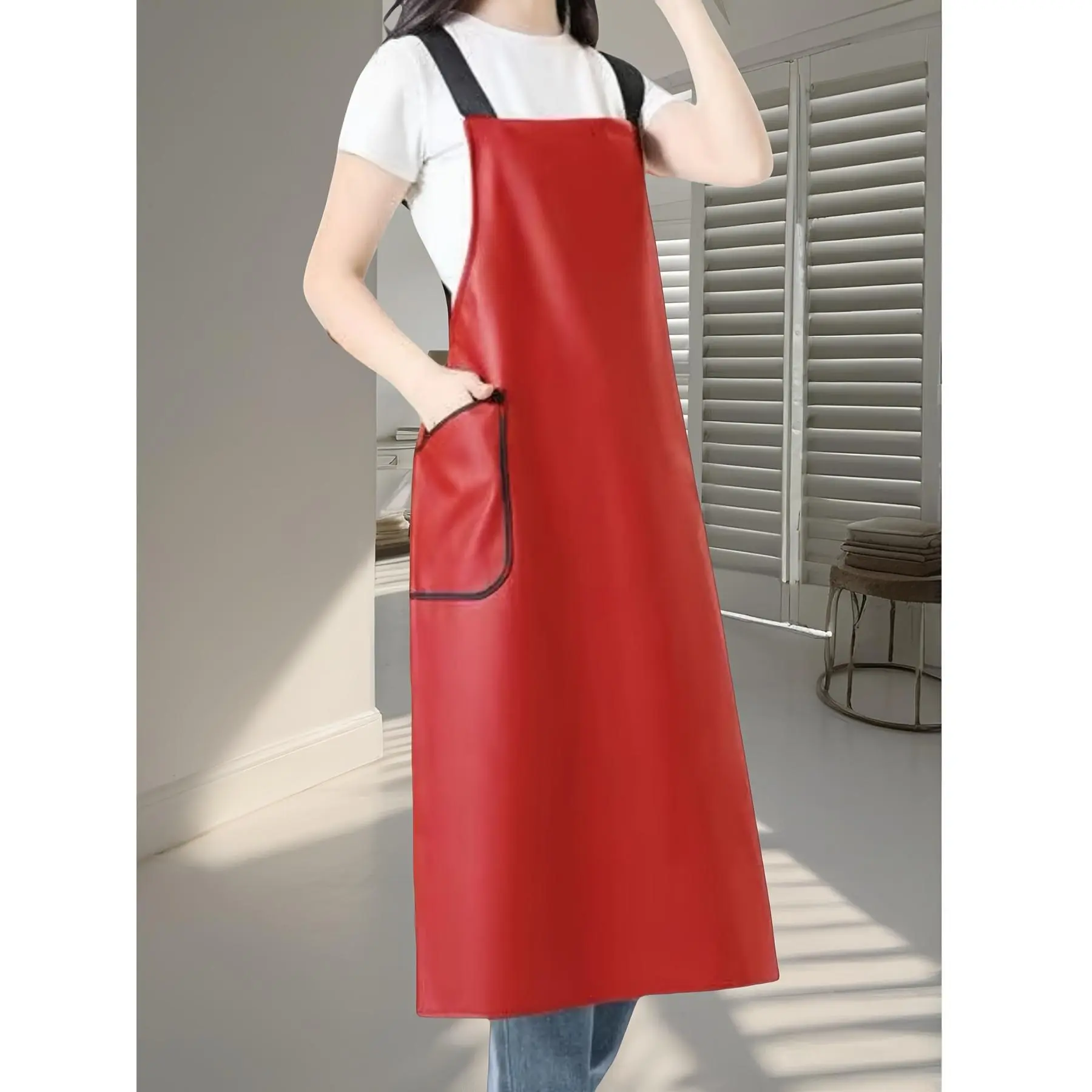 Extended PU Soft Faux Leather Apron with 2 Pockets, Fashionable Men'S And Women'S Work Clothes, Suitable for Daily Home Use, Kitchen Cooking, Restaurants, Aquatic Products, Pet Shops, Washable