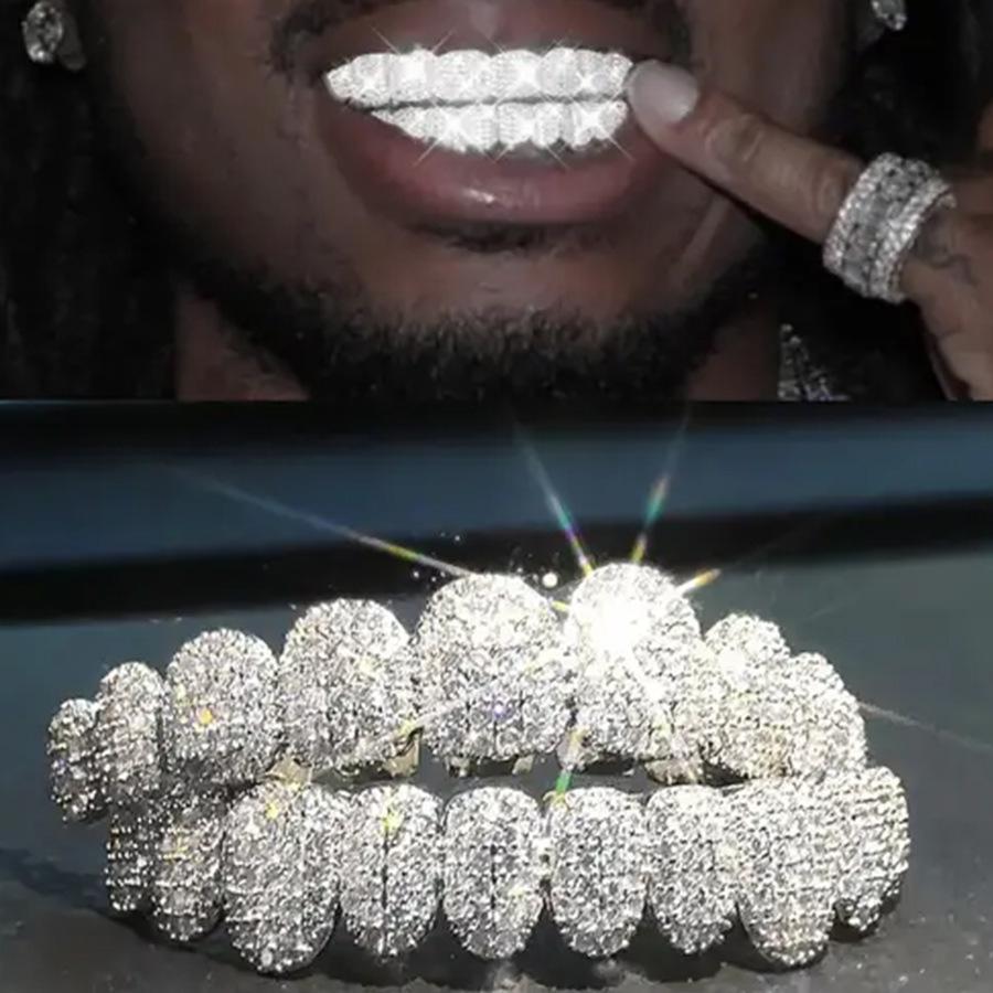 Iced Out Shiny Grillz Pack, Gold Finish Hip Hop Dental Decor, Luxury Zircon Embellished Teeth Covers, Stylish Street Rap Costume Piece, Great Gift for Hip-Hop Artists & Party Performers