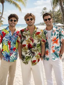 3 Piece Set Tropical Floral Fruit Short Sleeve Shirts, Summer Vacation Men's Collared Tops, Casual Fitted Blouses for All Seasons