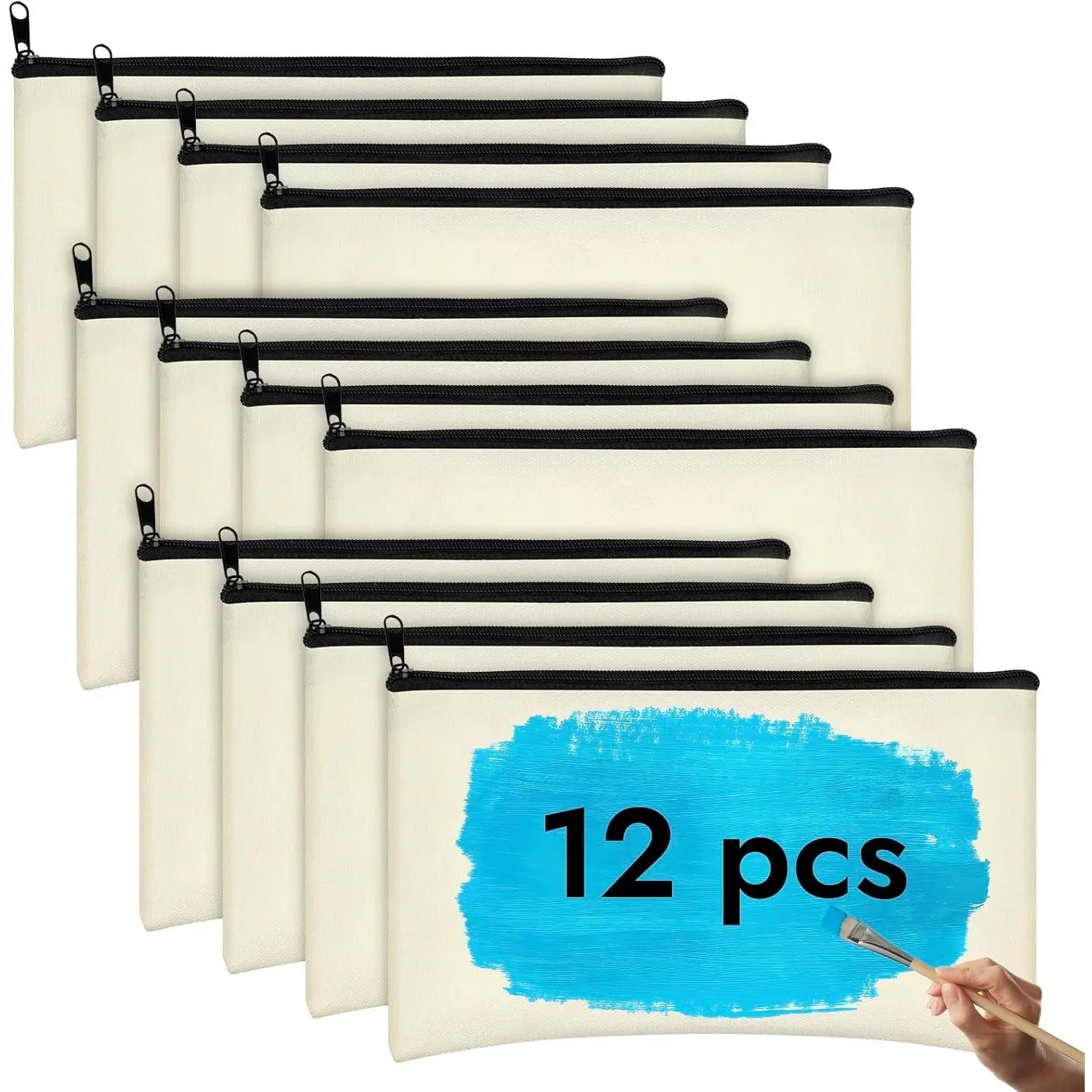 Canvas Pencil Pouch, 12 Pack Blank Canvas Zipper Pouch Makeup Bag Bulk, Canva Pouch Cosmetic Bags with Zipper Sublimation Pencil Case Blanks for DIY Craft, Travel, Organized