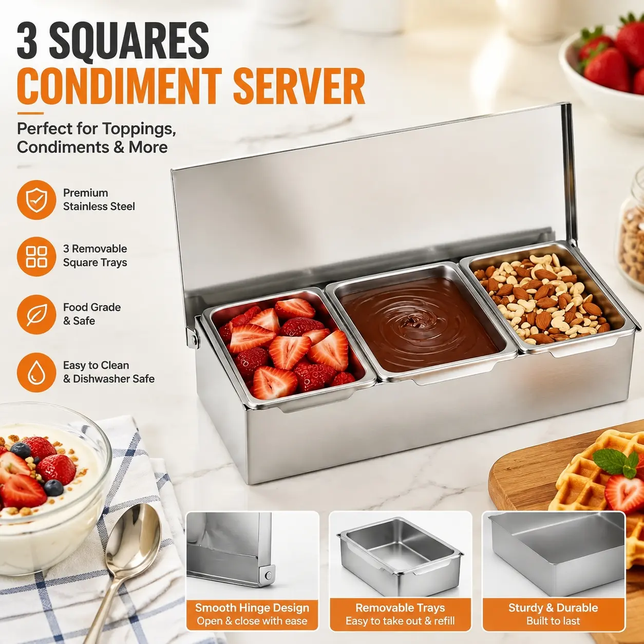 Removable Multi‑slot Lidded Stainless‑Steel Condiment Jar Set With Ice‑chilled Base Tray, Kitchen Gadget for Buffet, Stall and Outdoor Picnic