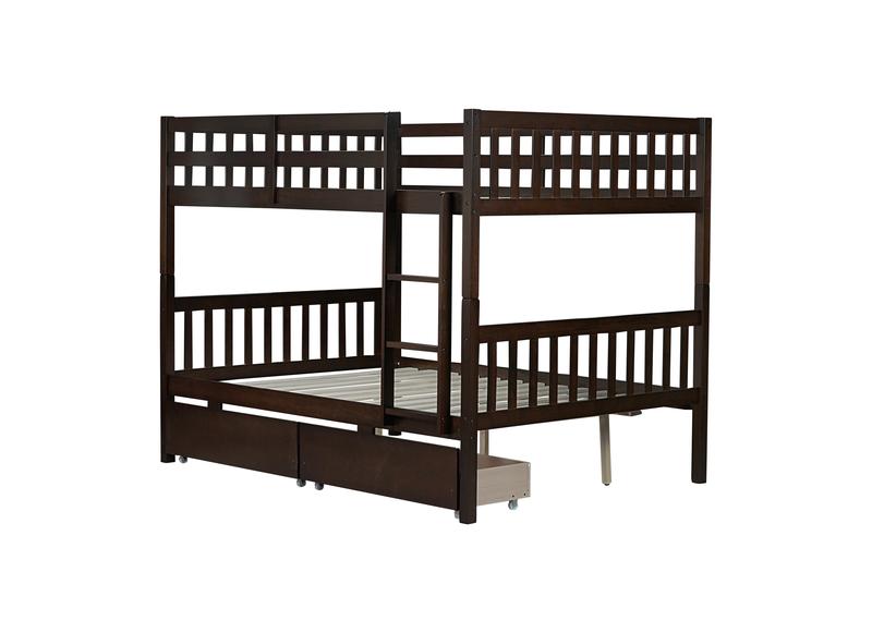 full Over full Rubber Wood Bunk Bed with 2 Drawers, Convertible into 2 full Beds, full Size Bunk Bed with Ladder and Safety Guardrails ,Espresso