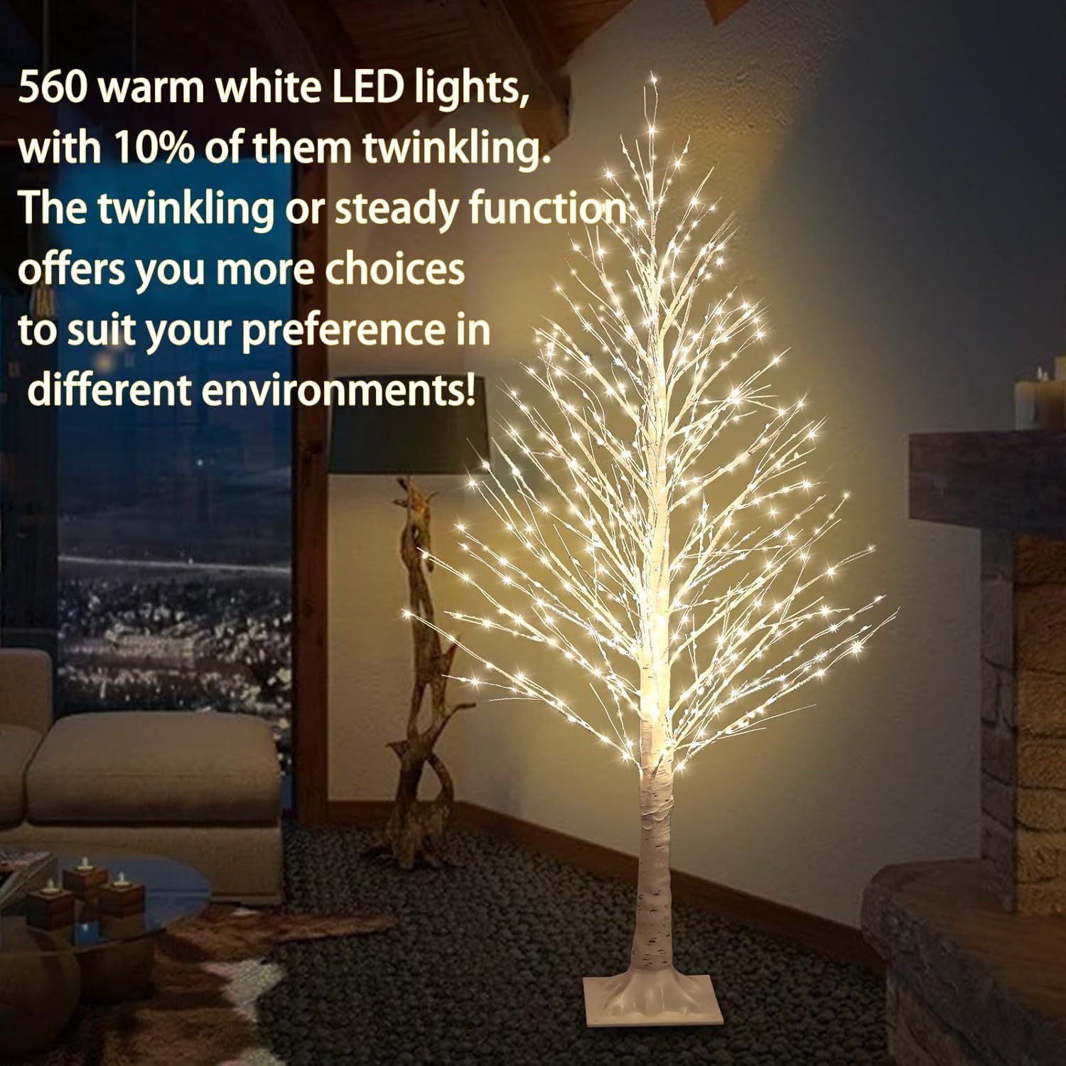 5FT Lighted Birch Tree with Twinkle Lights, 560 LED Warm White Lights with Timer, LED Lighted Christmas Tree for Indoor Outdoor  Room Wedding Party Christmas Decorations