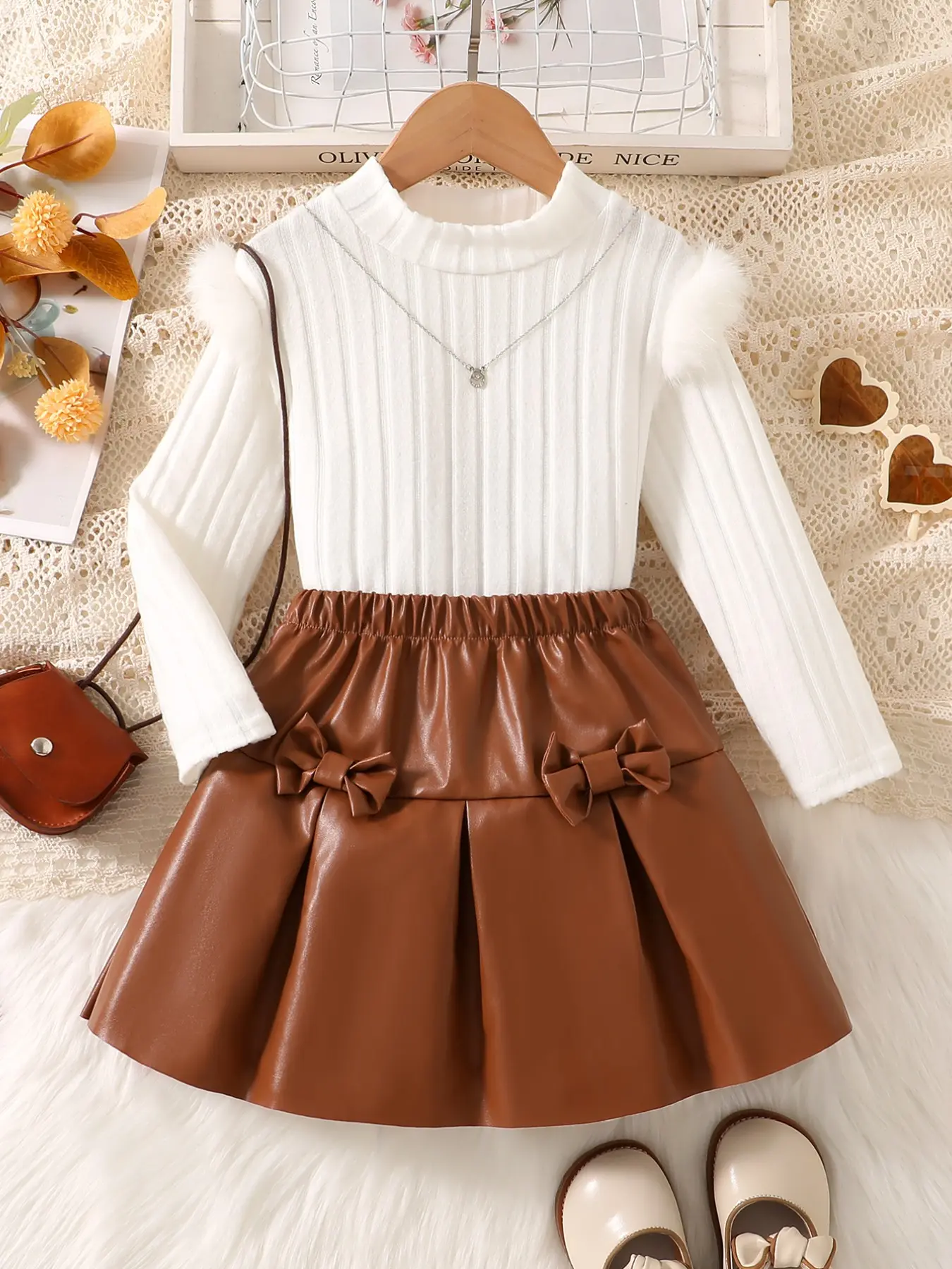 Girls 4-8Y Mead Color Fake Two-Piece Dress, White Turtleneck Vertical Rib Top With Fluffy Shoulder Fur, Shiny Brown PU Skirt With Dual Side Bows & Pleated Hem, Kids Autumn Travel Birthday Princess Dress