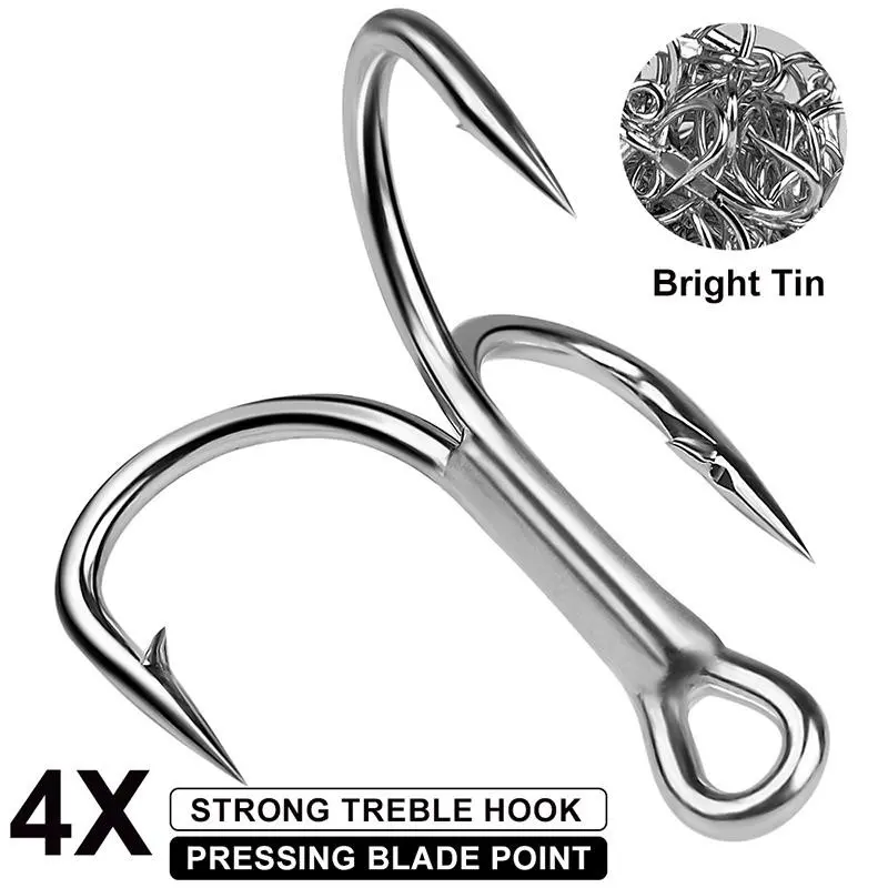 Triple Hook 4x Reinforced Anchor Hooks, Tin Color Rust-Resistant Three-Claw Hooks, Long Casting Lure Fishing Hooks, 10 Pcs Per Box, Durable Fishing Gear