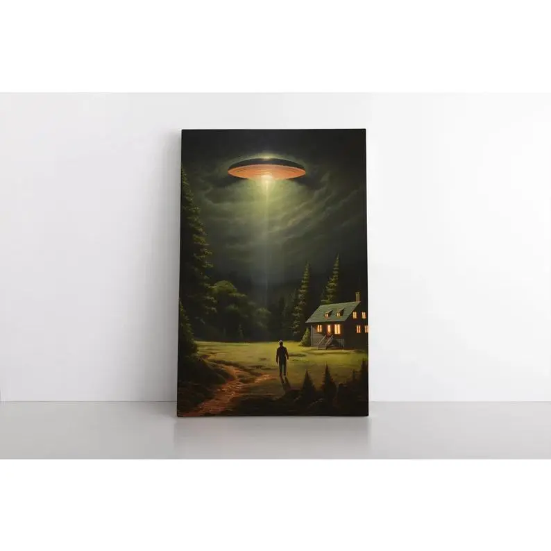 UFO Alien Abduction Wall Art Print on Canvas |   Extraterrestrial Aliens Artwork |   Flying Saucer |   Cool Teen Bedroom Decor Gift