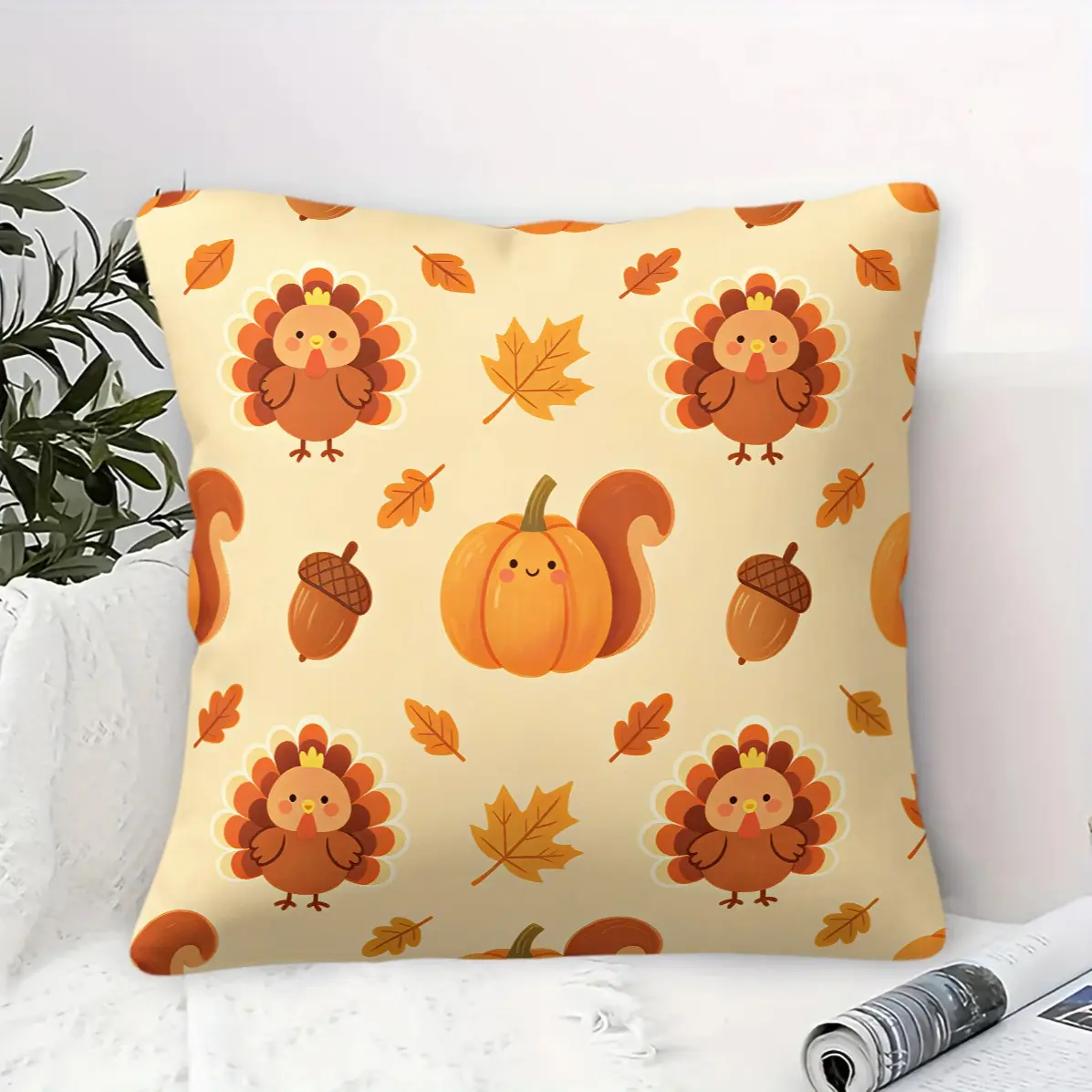 45x45cm1Pc Grain Harvest Throw Pillow, Pumpkin Corn Pinecone Maple Vintage Print, Home Fall Holiday Decor Cushion With Insert