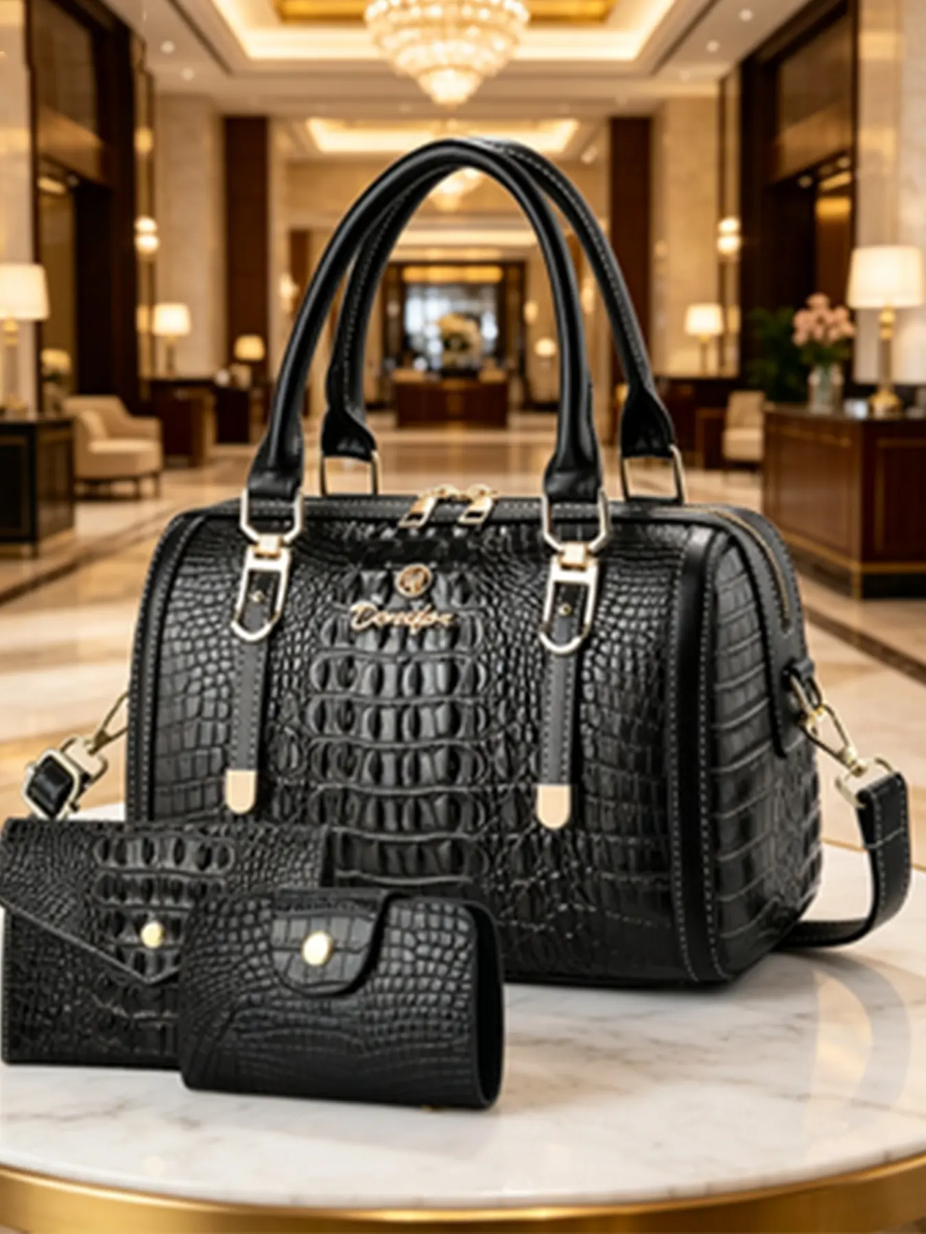 Elegant Alligator Pattern Boston Bag Set, New Retro Large Capacity Pillow Bag, Three-Piece Wallet Card Holder, Commuter Shoulder Crossbody Gift Bag