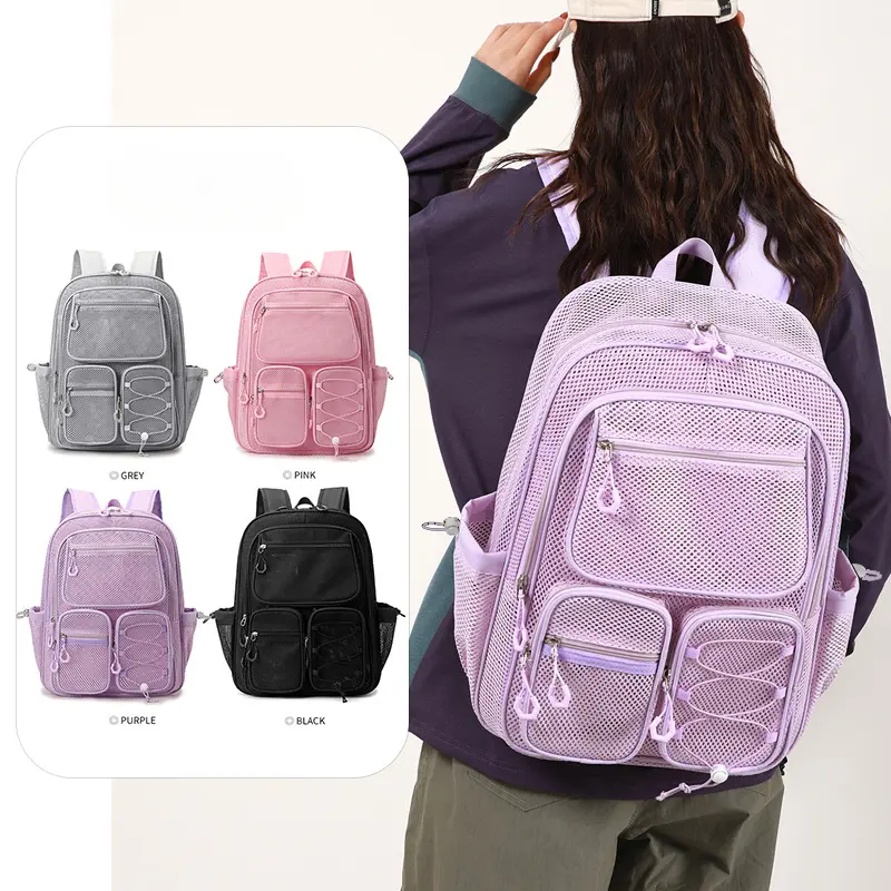 Mesh Backpack for Women, Breathable Hollow Out Casual Backpack, Multi-Pocket Large Capacity School Bag for Students, Travel Beach Bag