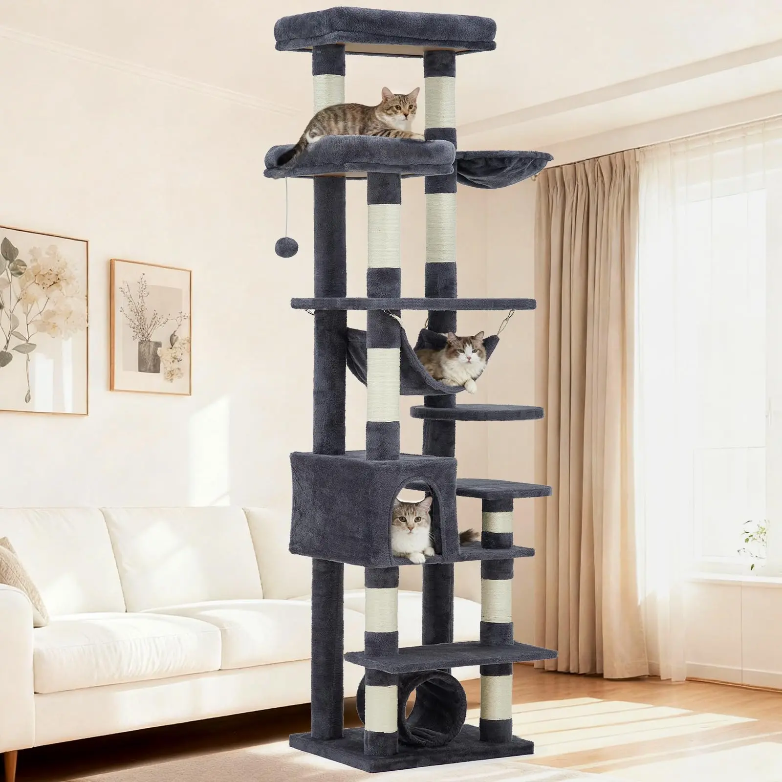 Cat Tree for Large Cat 74",Tall Cat  Tower for Indoor Cats with 11 Scratching Posts, Hammock, Large Top Perch,Toy Balls, Cat Condo, Sturdy Heavy Duty Cat House for Adult Big Cats