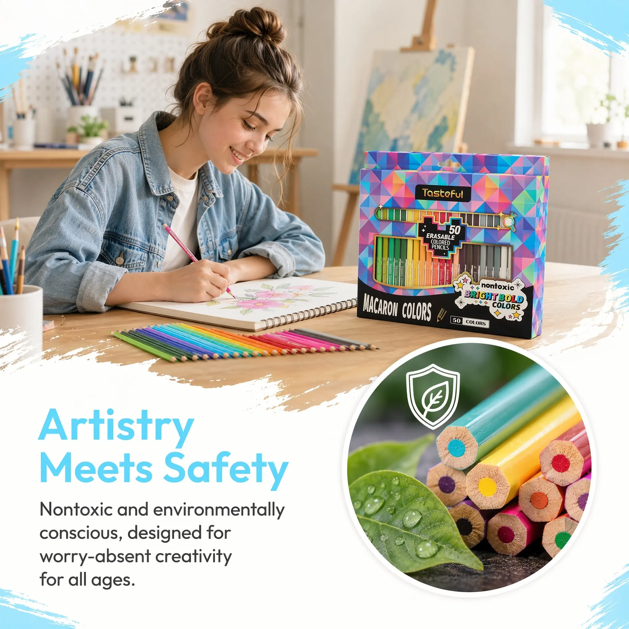 State Thought 50 Colors Erasable Pencils, No Wood Design, Ideal for Drawing & Art Supplies, Specialized Erasable Color Pencils