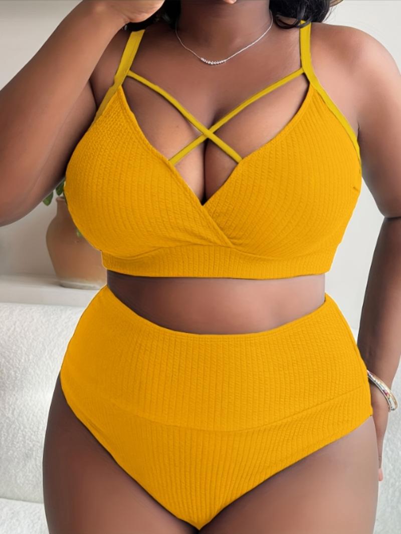 Plus Size Two-Piece Set Criss Cross Crop Cami Top & High Waist Panty Ribbed Tankini Set, Casual Adjustable Strap Swim Top & Swim Bottom, Women's Summer Swimsuit, Tankini Bottoms Set