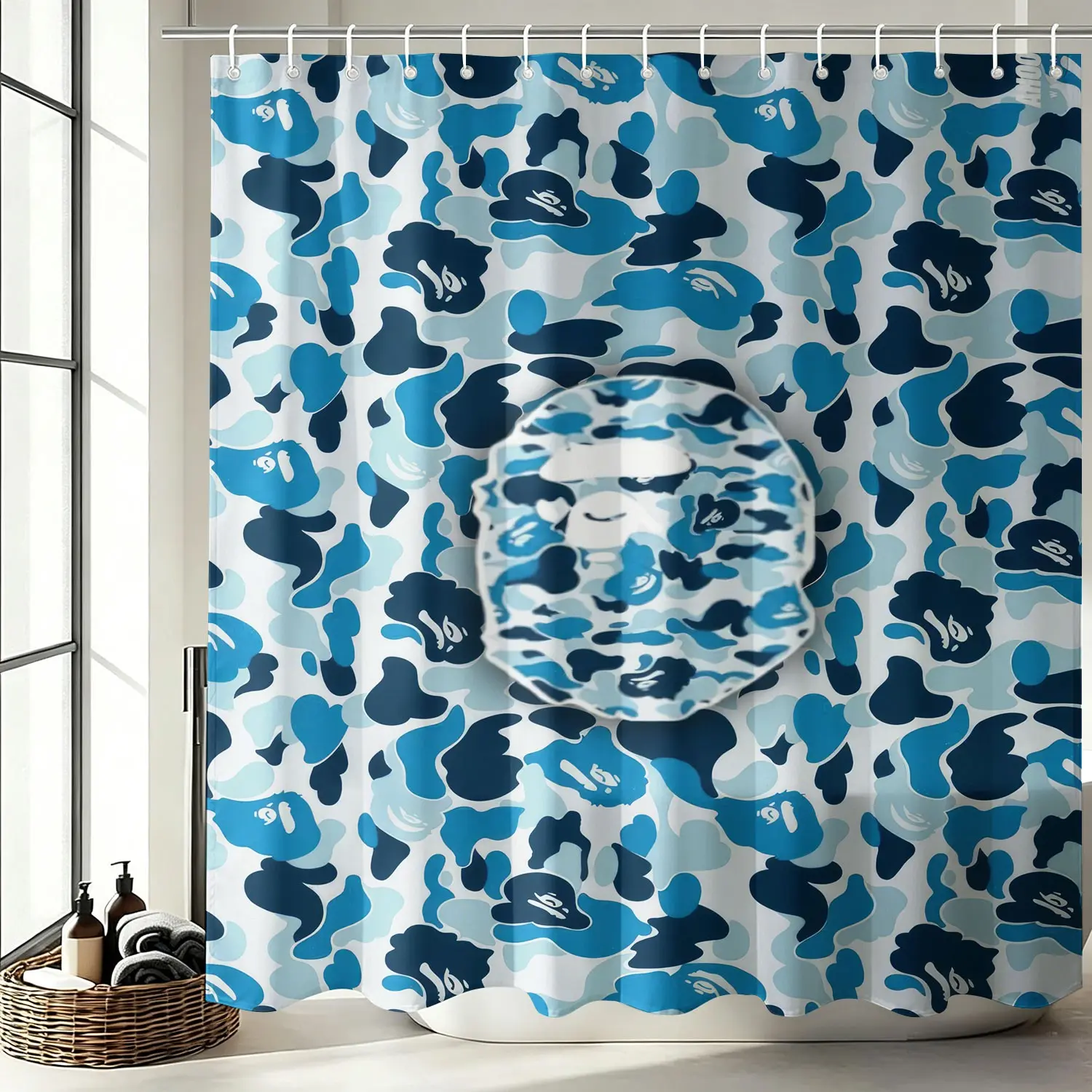 Waterproof Fabric Decorative Shower Curtain With Hooks, Featuring A Camouflage Ape Head Print. Made Of Waterproof And Mildew-Resistant Polyester/Peva, Suitable For Bathroom Decoration For Teenagers And Children. Machine Washable Bathroom Shower Curtains.