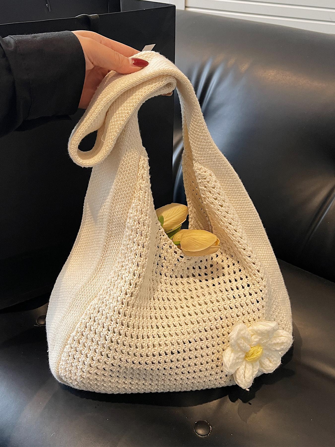 Women's Solid Color Straw Bag with Flower Decor, Fashionable Crochet Shoulder Bag Crossbody for Daily Used, Casual Trendy Versatile High-quality Daily Commuting Bag, Stylish Versatile Bag, Casual Trendy Purses