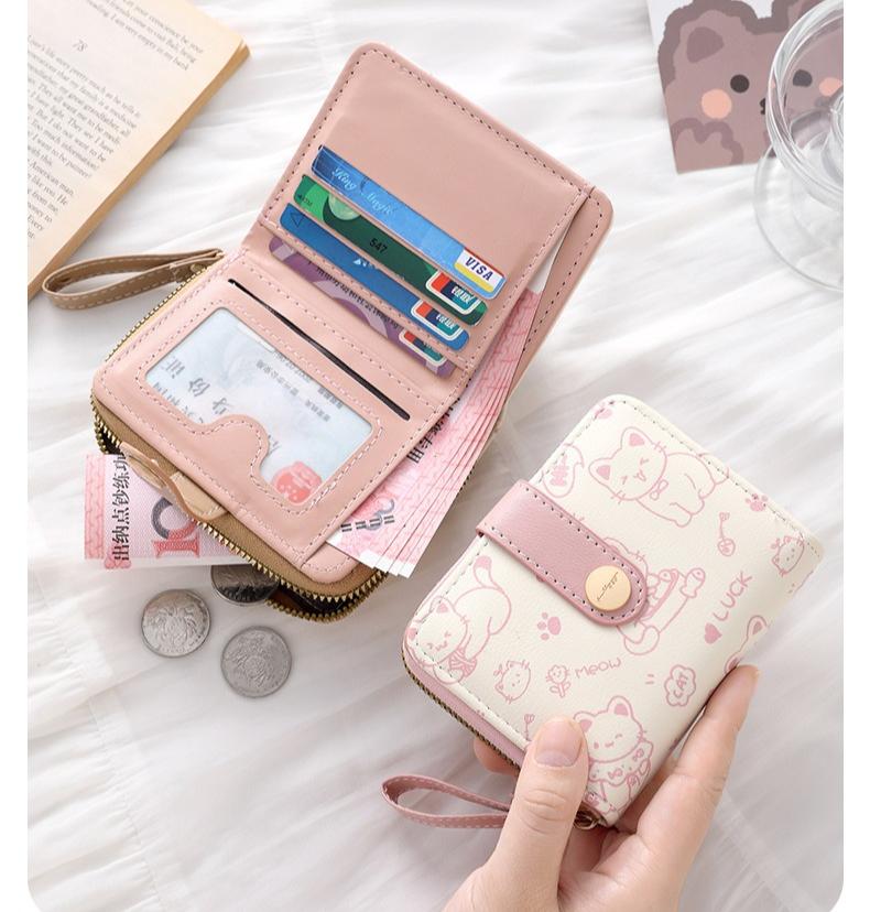 1pc Cute Cat Cartoon Coin Purse Girls Short Wallet PU Leather Large Capacity Lightweight ID Card Holder Mini Wallet Fashion
