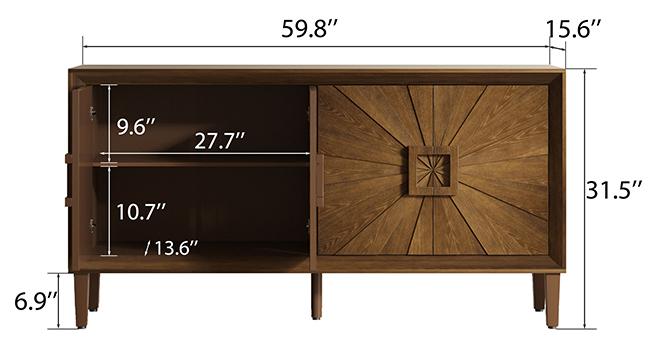 Sideboard Buffet Cabinet, 60" Large Accent Credenza Cabinet with Sunburst 4 Doors & Adjustable Shelf for Living Room, Rustic Brown Kitchen Buffet Table with Storage, TV Stand Media Console