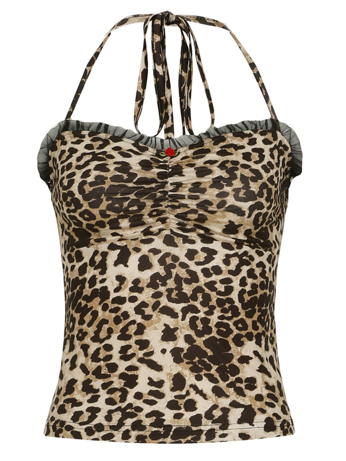 Women's Leopard Print Ruched Halter Neck Top, Fashion Casual Sleeveless Frill Trim Top for Daily Outdoor Wear, Ladies Clothes for Summer