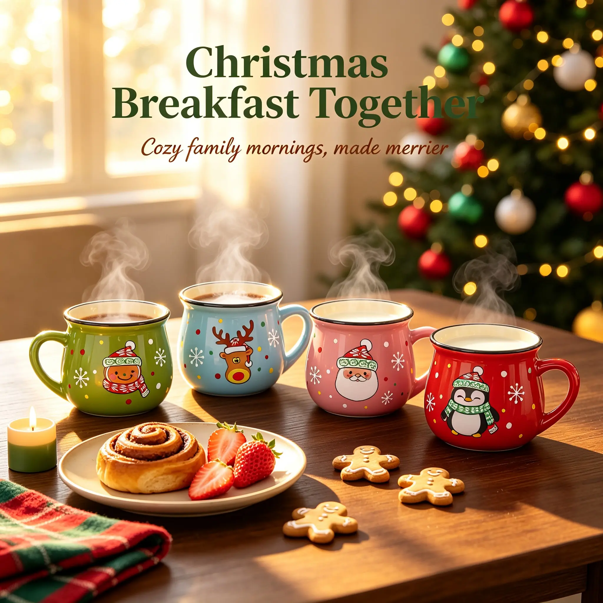 Christmas Ceramic Coffee Mug Set, Family and Kids Cartoon Handle Breakfast Cup, Mousse Dessert Cup, Holiday Tableware