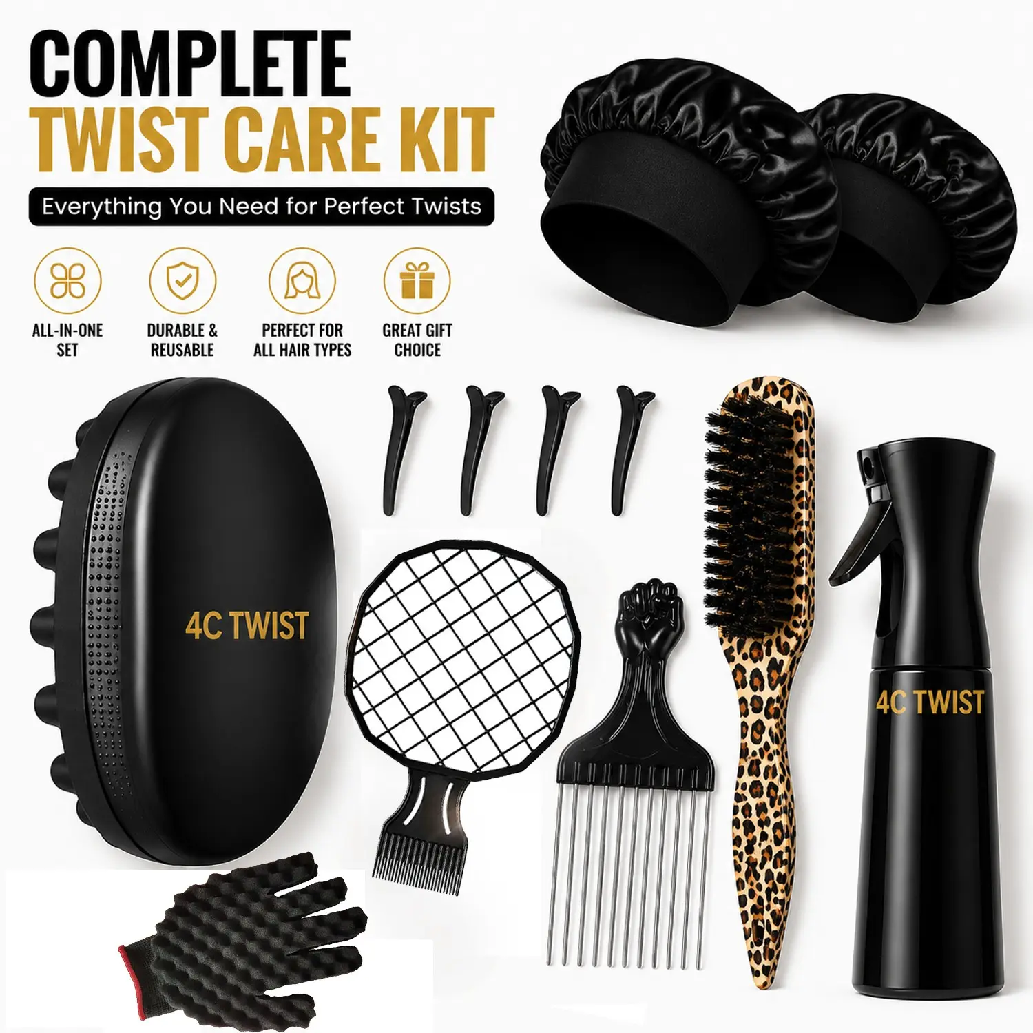 4C Twist Complete Twist Curl Styling Kit: Professional Hair Sponge Set with Spray Bottle, Hair Pick, Twist Comb, Detangling Brush, Satin Bonnets & Hair Accessories for 4C Natural Hair, Coils & Twists