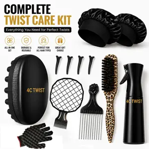 4C Twist Complete Twist Curl Styling Kit: Professional Hair Sponge Set with Spray Bottle, Hair Pick, Twist Comb, Detangling Brush, Satin Bonnets & Hair Accessories for 4C Natural Hair, Coils & Twists