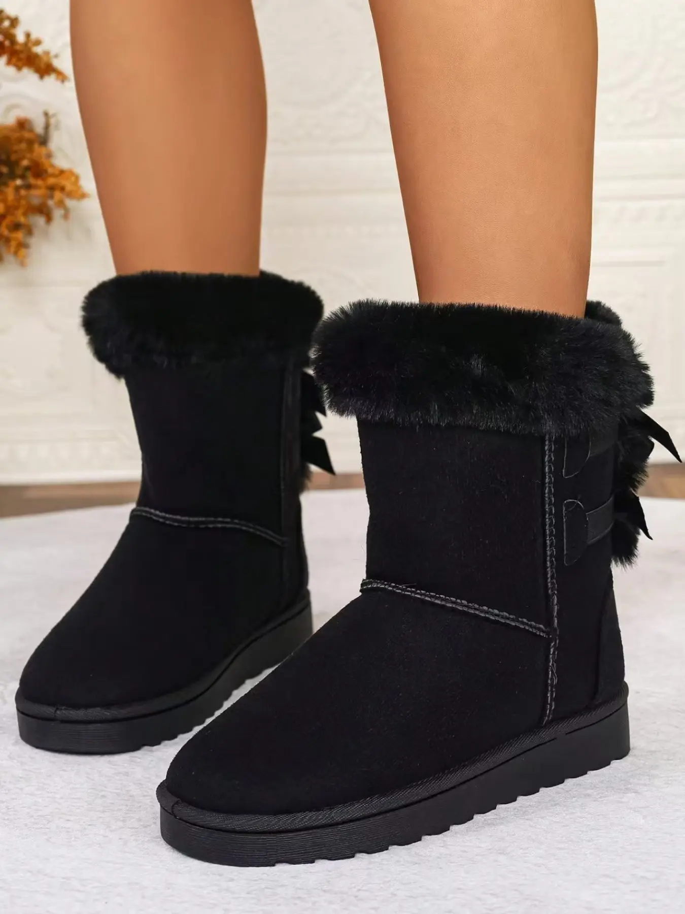 Women's Platform Mid-Calf Snow Boots, Suede Upper, Fuzzy Fur Trimmed Cuff, Cute Bow & Pom-Pom Decor, Warm Winter Boots, Casual Cold-Weather Footwear