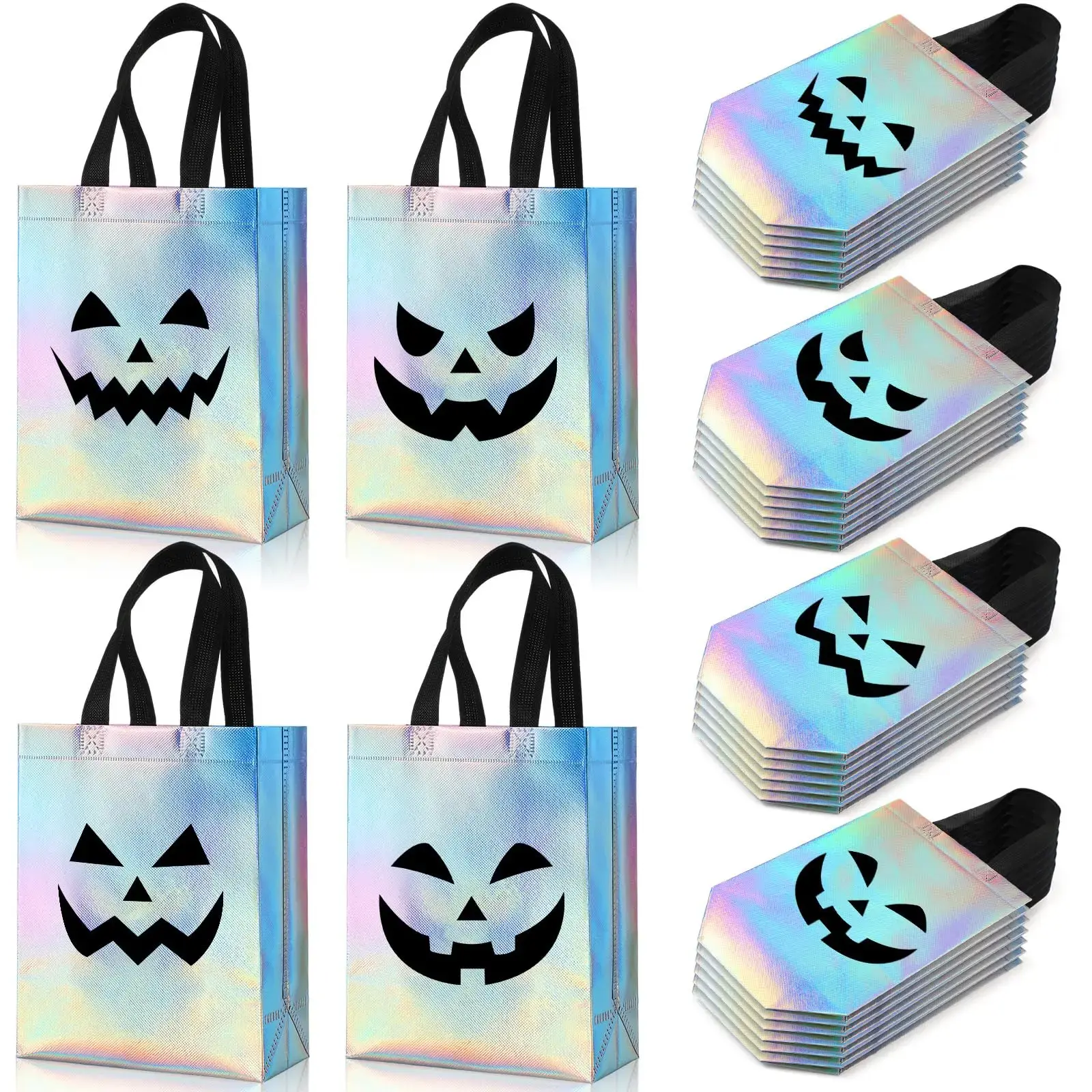 24Pcs Holographic Halloween Treat Bags - Ghost & Pumpkin Pattern Reusable Trick-Or-Treat Pouches, Fashion Accessory Goodie Bags for Party Favors, Suitable for Teachers & Students