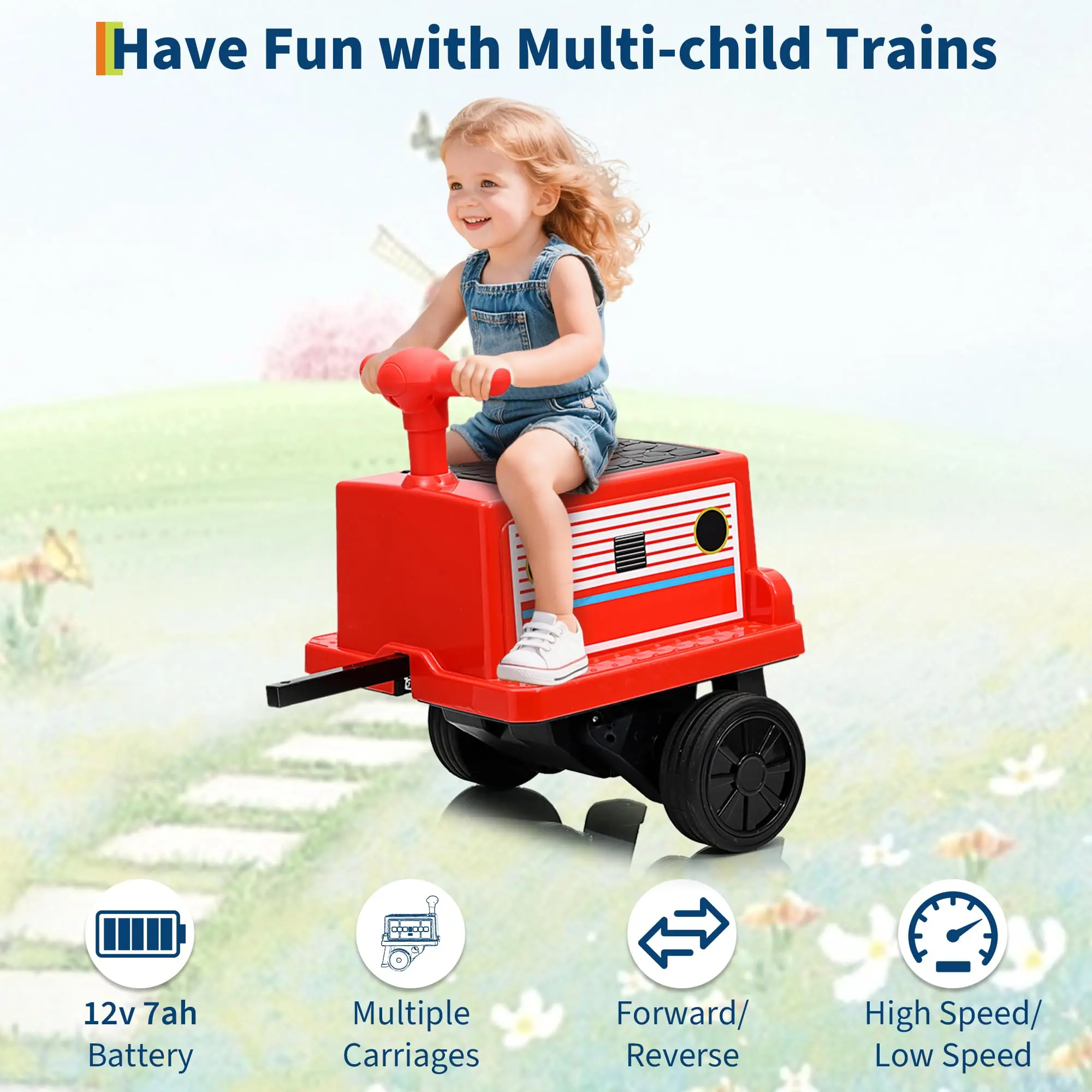 Garvee 12V 2-Seater Kids' Vintage Electric Ride-On Train - Dual Motors, Rubber Wheels, Music, LED Lights, USB Charging, Storage, 3 mph Max Speed, Ages 3-6