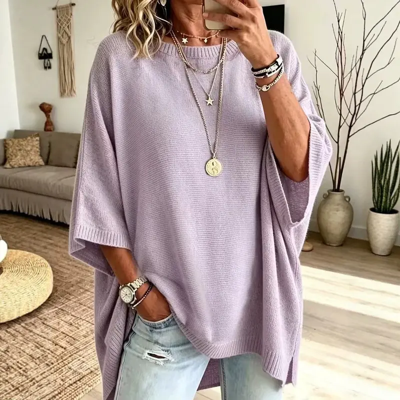 Loose-fitting, solid-color, casual knit sweater for women, perfect as an outer layer, with a round neckline