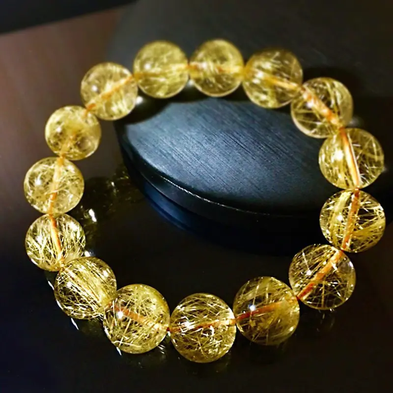 Natural Brazilian Golden Rutilated Quartz Beaded Bracelet | Unisex Round Stretch Crystal Bracelet