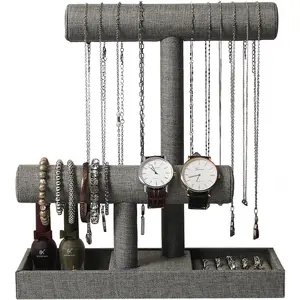 2 Tier Necklace Bracelet Holder Organizer with Ring Tray, Linen Jewelry Display Stand for Watch Scrunchie Lipstick, Perfumes,Nail polish (Gray Linen)
