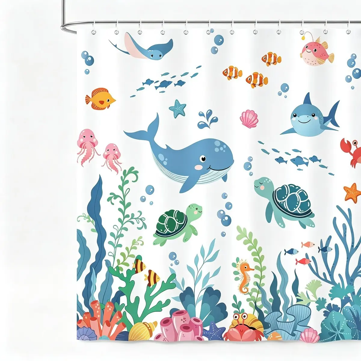 Waterproof Colorful Decorative Cute Cartoon Underwater Ocean Animal Shower Curtain, Kids Bathroom Decor with Whale, Turtle, Fish Marine Life Elements, Water Proof