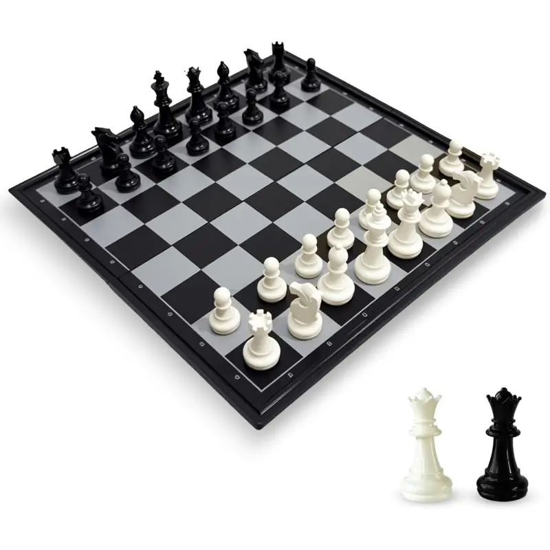 10 Inch Portable Magnetic Travel Chess Set, Foldable Chess Board Game with Storage Slots & 2 Extra Queen Pieces, Compact Travel Strategy Game Gift for Kids, Adults and Chess Beginners