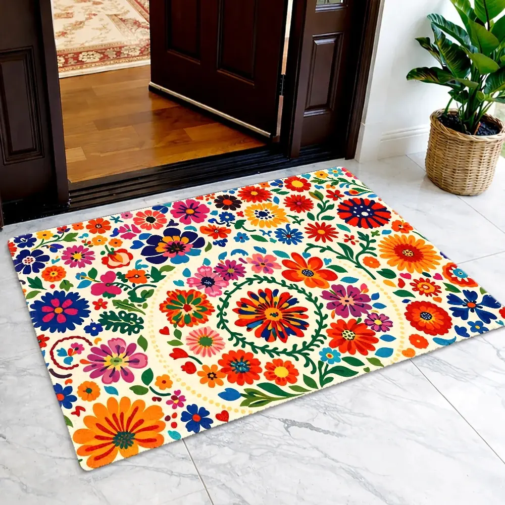 Flannel Floor Mat, Mexican-style non-slip carpet, suitable for bedrooms and living rooms, colorful ethnic floral carpet with backing, machine washable floor mat, soft material suitable for Day of the Dead decorations, compact design suitable for small spa