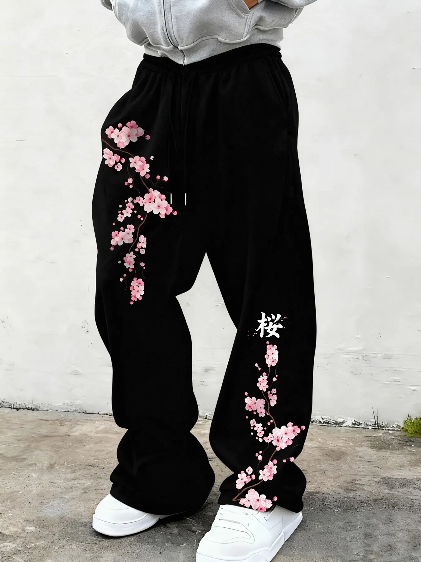 Men's Loose Wide-Leg Sports Pants, Japanese Style Cherry Blossom Print, Drawstring Waist, Casual Streetwear, Gym, Home Relax
