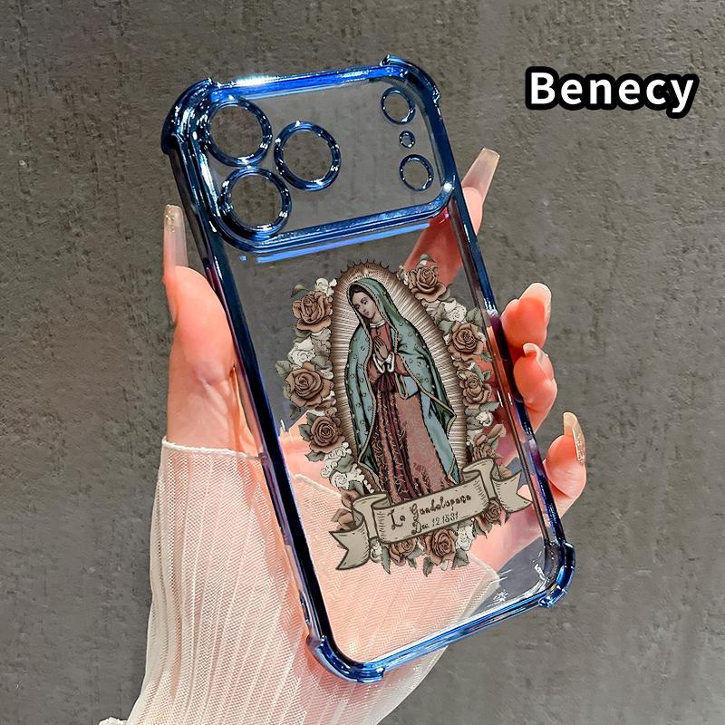 Protective Four Corners Plated Clear Phone case for iPhone 17 Pro Max 16 15 Plus Air 14 13 12 11 E Guardian Angel Patterned Shockproof Transparent Soft Silicone Cover