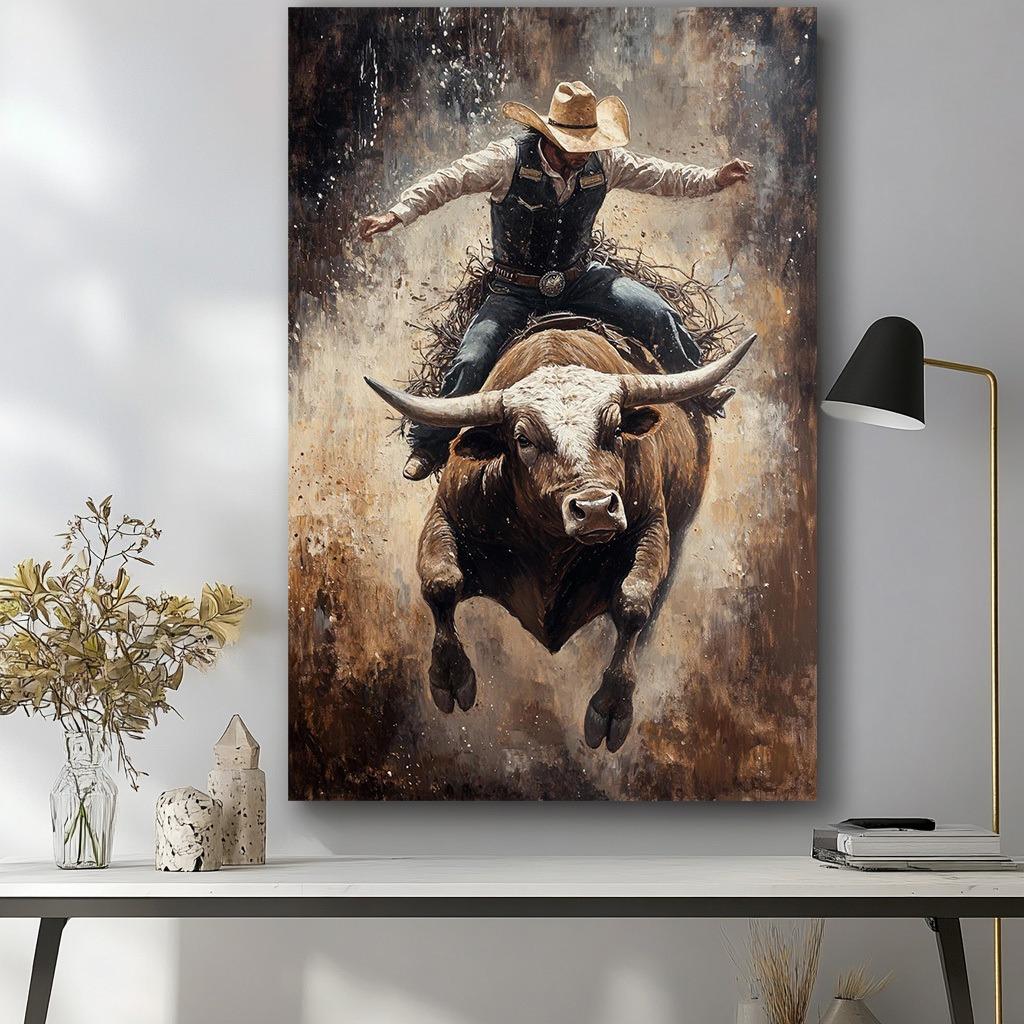 Cowboy Riding a Powerful Brown and White Bull Canvas Painting  for Living Room Bedroom Wall Art Decorative Mural Gift