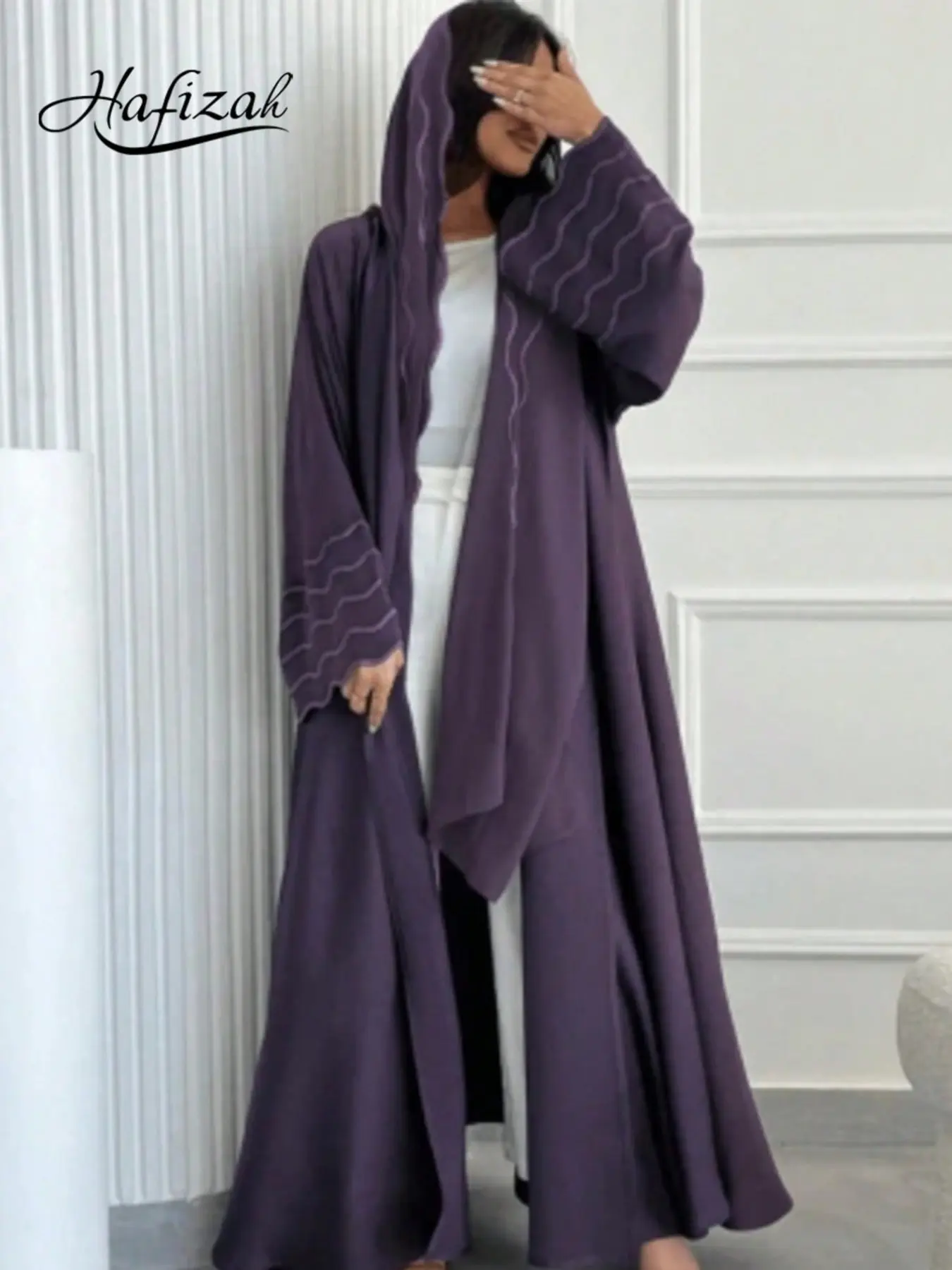 Wave Line Embroidered Long Cardigan and Rectangular Scarf Set, Solid Matte Casual Women's Outerwear, All Seasons Loose-Fit