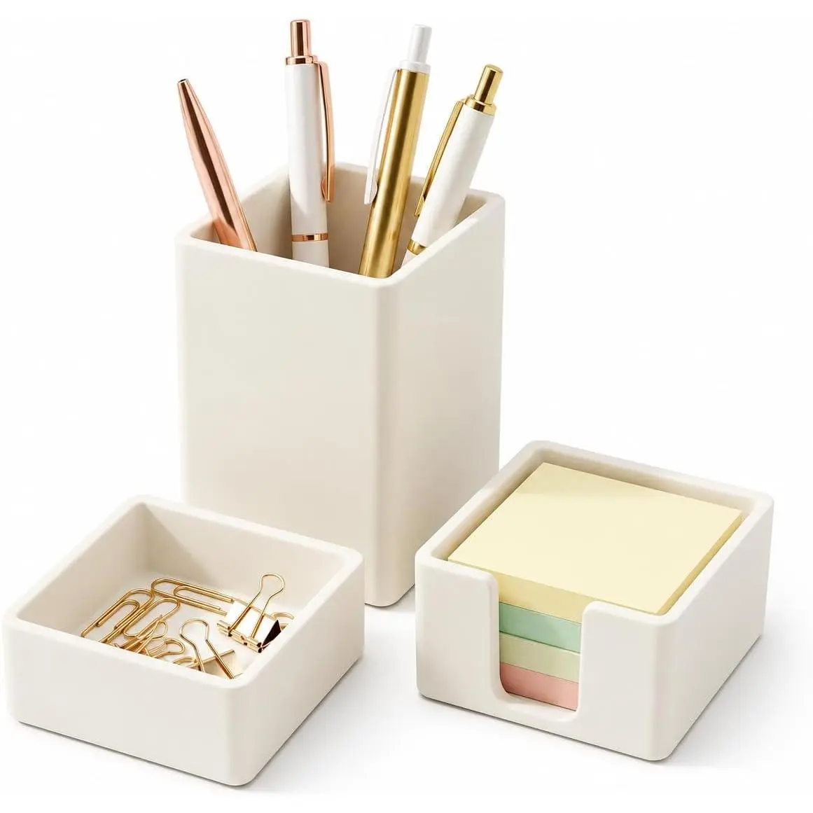 Aesthetic  Desk Organizer Set of 3,Modern Office Desk Accessories with Pen Holder,Paperclip Tray,Sticky Note Holder,Stylish Functional Office Desk Decor for -to-school(Beige)