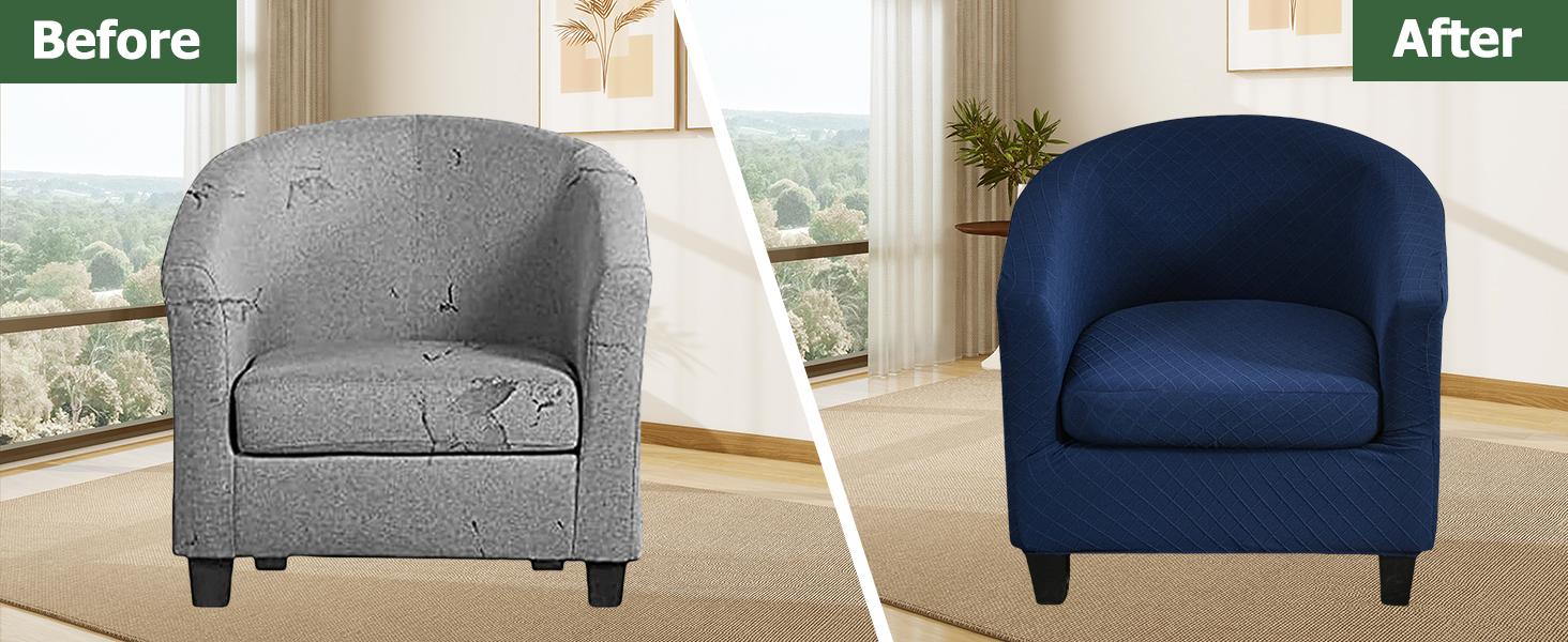NILUOH Barrel Chair Cover 2 Piece, Stretch Jacquard Club Chair Slipcover, Elastic Armchair Cover for Curved & Round Chairs,Soft Washable Furniture Protector, Navy