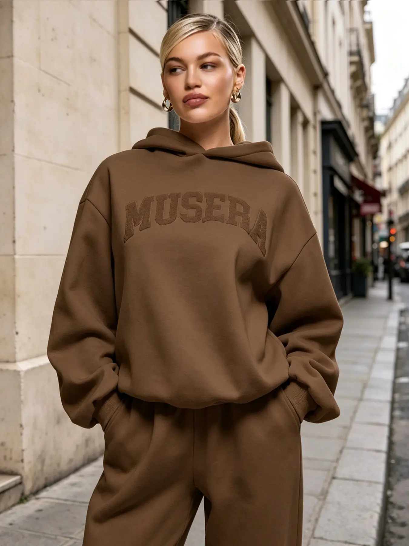 Oversize Hooded Sweatshirt for Women, 3D Embroidered Letter Drop Shoulder Loose Fit, Casual Long Sleeve Top for Daily Wear