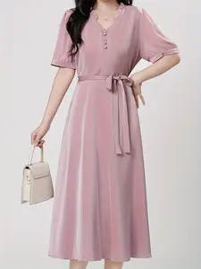 Satin Dress, V-Neck Short Sleeve, Button Detail, Waist Belt, Midi A-Line, Elegant Casual Summer Dress, Side Pockets, Detachable Belt