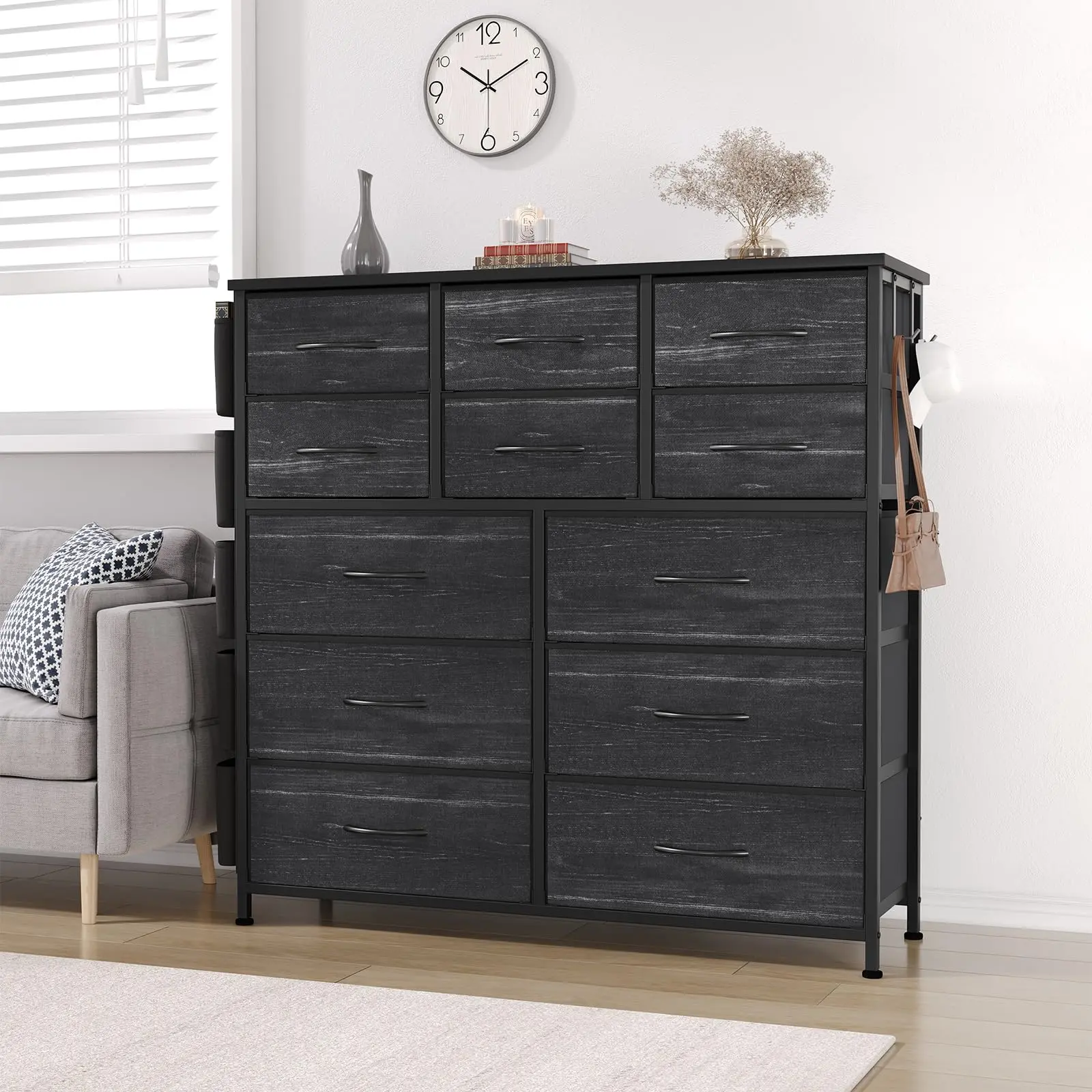 GARVEE 12-Drawer Fabric Dresser Chest - Single Unit, Tall Storage, Side Pockets, Hooks, Sturdy Steel Frame, Wooden Top, Easy-Pull Handles, Black Willow, 99x30x110cm (Closet, Entryway Use)