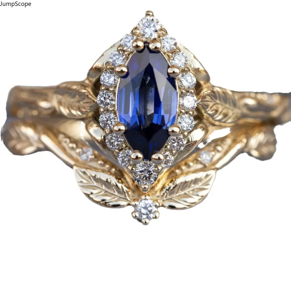 14K Gold Plated Marquise Deep Blue Sapphire CZ 2Pcs Stackable Bridal Ring Set For Women, Vintage 3D Embossed Leaf Floral Halo Engagement & Contoured Leaf Stack Band For Castle Wedding Proposal Anniversary Gift