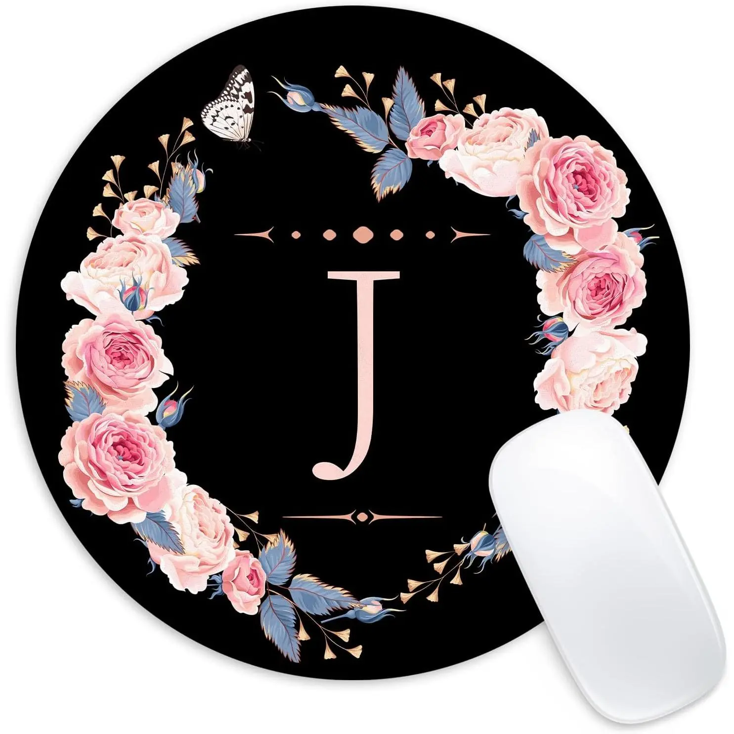 Letter J Black Round Synthetic Pad - 8.7in Diameter Funny Small Mat, Non-Slip Rubber Base, Office Desk Decor Accessory, 8.7" Diameter