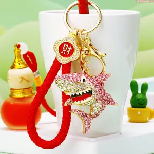 Rhinestone Shark Keychain with Red Braided Wrist Lanyard, Chinese Fortune Wealth Charms Lobster Clasp Bag Pendant, Lucky Wealth Car Key Holder Ornament Gift for Men Women
