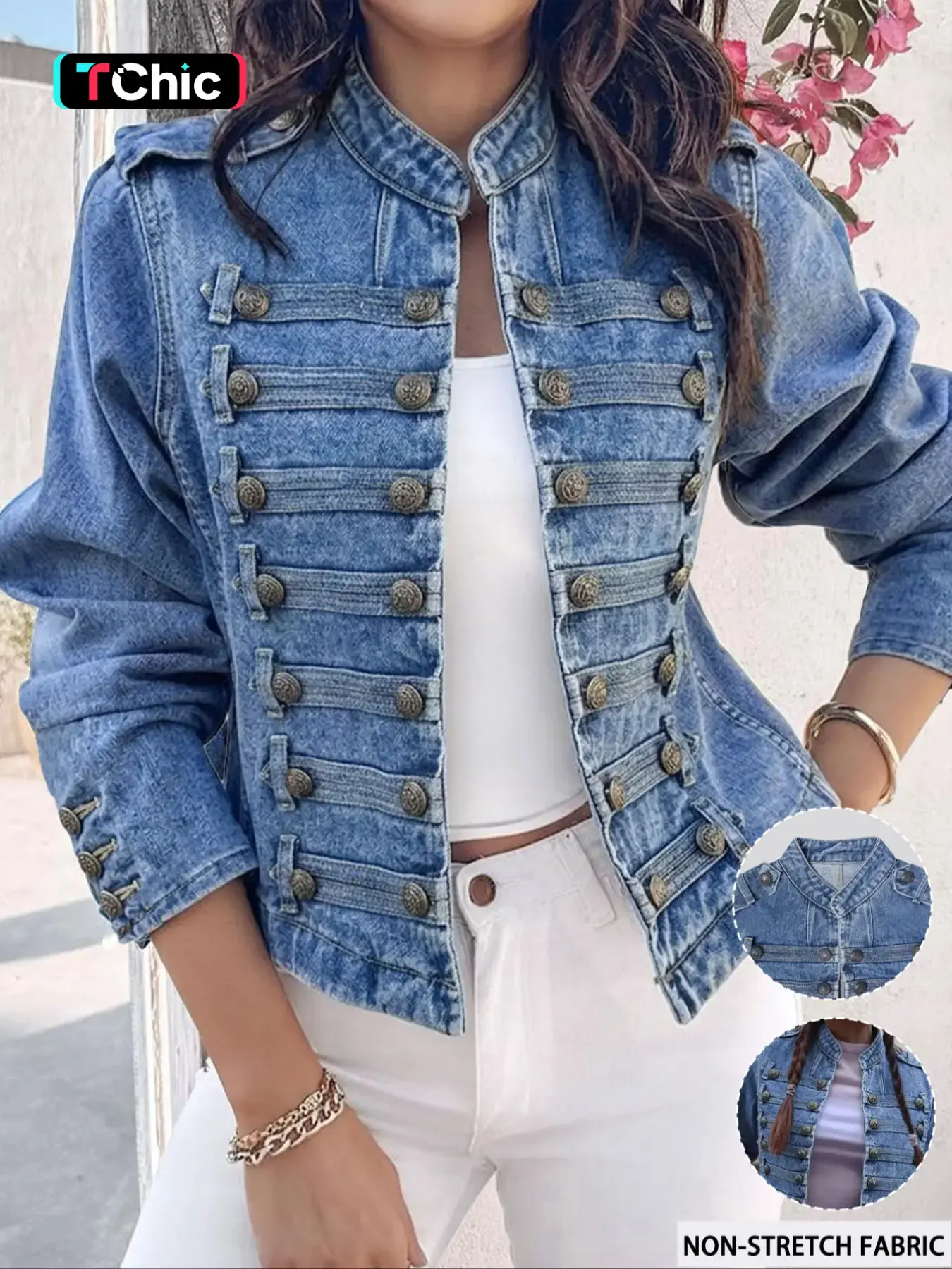 GILIPUR Women's Light Blue Washed Stand Collar Military Denim Jacket, Non-Stretch Double Breasted Decorative Buttons Cropped Denim Coat with Epaulets, Vintage Streetwear Party Daily Date Outfits for Women TChic